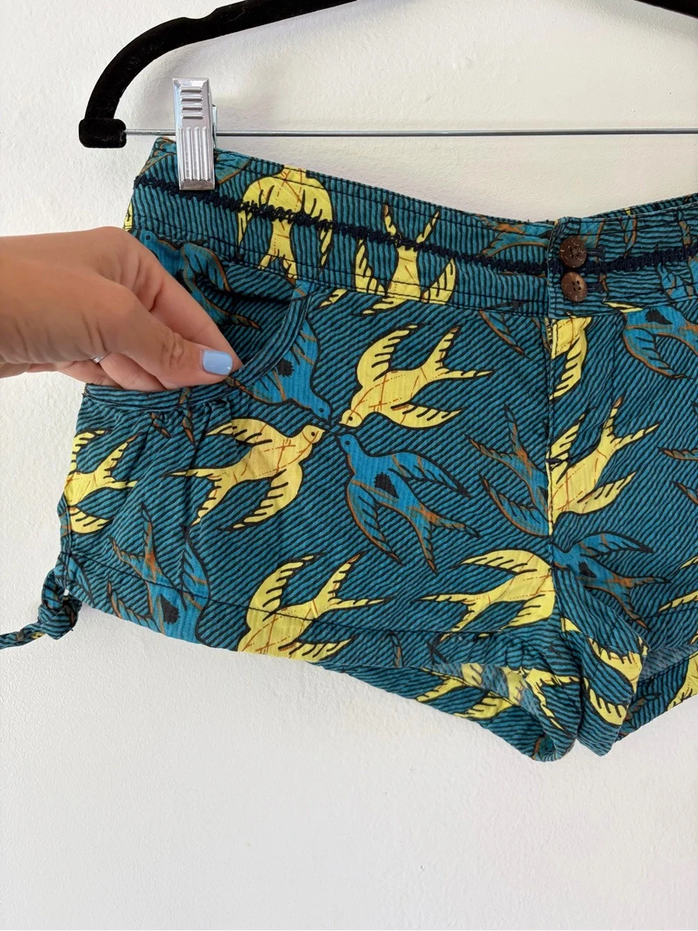 Free People Bird Print Side Tie Blue & Yellow Micro Mini Shorts Size 8